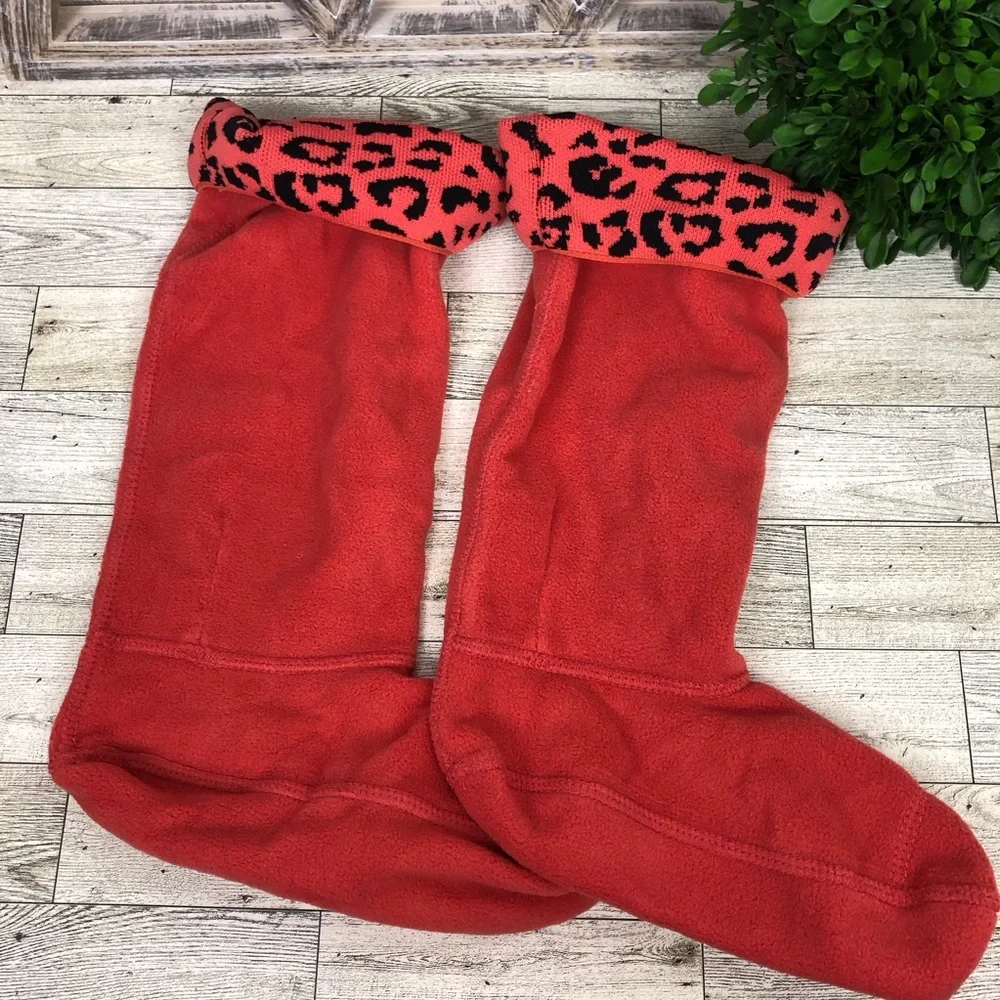 Hunter Fleece Boot Liners with Leopard Print Cuff Coral color Size XL/ US 4-6